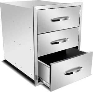 "Maximize your outdoor kitchen space with these stainless steel triple drawers, featuring 18W x 24H x 23D inch dimensions. Perfect for storing utensils and BBQ essentials."