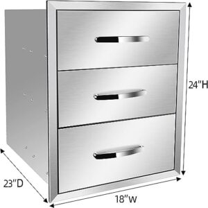 "Maximize your outdoor kitchen space with these stainless steel triple drawers, featuring 18W x 24H x 23D inch dimensions. Perfect for storing utensils and BBQ essentials."