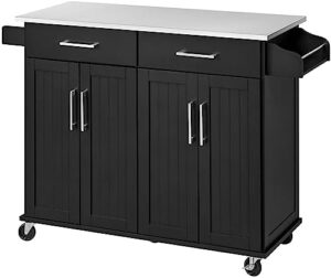 Here is the generated SEO meta description:

"Transform your kitchen with this rolling island featuring a stainless steel top and ample storage. Includes 2 drawers and adjustable shelves for flexible organization."