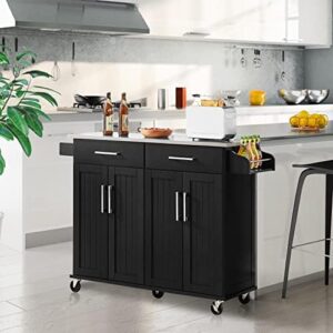 Here is the generated SEO meta description:

"Transform your kitchen with this rolling island featuring a stainless steel top and ample storage. Includes 2 drawers and adjustable shelves for flexible organization."