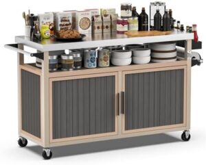 Elevate your outdoor cooking experience with this XL stainless steel tabletop grill cart featuring wheels and ample storage for utensils and accessories. Perfect for patio parties and backyard gatherings.