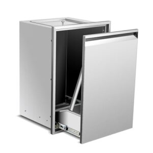 Upgrade your outdoor kitchen with the built-in double trash drawer and pull-out stainless steel trash bin. Perfect for BBQ island grill stations, dimensions 19x27x16 inches.