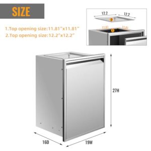 Upgrade your outdoor kitchen with the built-in double trash drawer and pull-out stainless steel trash bin. Perfect for BBQ island grill stations, dimensions 19x27x16 inches.