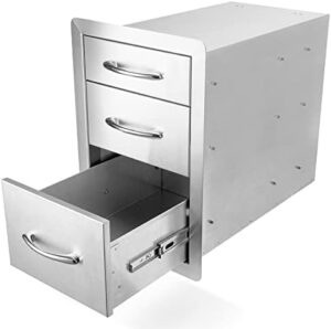 Here is the optimized meta description:

"Enhance your outdoor kitchen with these stainless steel drawers featuring triple access and flush mount design, perfect for BBQ islands or outdoor kitchens. Dimensions: 15W x 21.5H x 23D Inch."