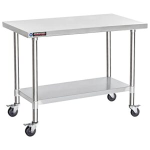 "Upgrade your kitchen with this heavy-duty NSF stainless steel cart featuring an undershelf and rolling wheels. Perfect for food prep, commercial kitchens, garages, or outdoor cooking."