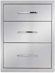 Here is the generated SEO meta description:

"Upgrade your outdoor kitchen with this stainless steel 3-drawer organizer, perfect for storing utensils and tools. Dimensions: 16"W x 21"H x 23"D. Perfectly flush-mounts into any BBQ island or outdoor kitchen."