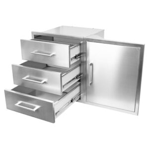 Discover the ultimate outdoor kitchen combo! This stainless steel drawer combo features a trash drawer and BBQ access, perfect for grilling stations and island kitchens. Dimensions: 37W*21.6H*18.5D inches.
