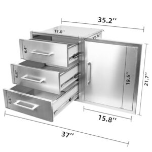 Discover the ultimate outdoor kitchen combo! This stainless steel drawer combo features a trash drawer and BBQ access, perfect for grilling stations and island kitchens. Dimensions: 37W*21.6H*18.5D inches.