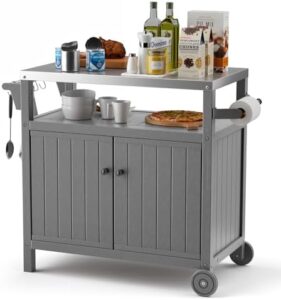 Unlock the perfect outdoor cooking experience with this portable grill cart featuring waterproof storage and a durable stainless steel top. Dimensions: 42.12"L x 20.71"W, grey.