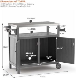 Unlock the perfect outdoor cooking experience with this portable grill cart featuring waterproof storage and a durable stainless steel top. Dimensions: 42.12"L x 20.71"W, grey.