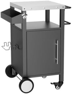 "Upgrade your outdoor gatherings with this versatile grill cart featuring a stainless steel top, storage compartments, and rolling wheels. Perfect for family parties and BBQs."