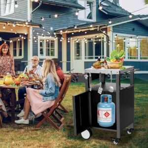 "Upgrade your outdoor gatherings with this versatile grill cart featuring a stainless steel top, storage compartments, and rolling wheels. Perfect for family parties and BBQs."
