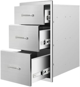 Boost your outdoor kitchen experience with triple drawers featuring a flush mount design and stainless steel construction. Perfect for patio grill stations, these drawers offer ample storage for utensils and tools.