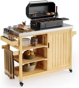 Here is the meta description:

"Perfect outdoor kitchen cart for your patio bar with stainless steel table top and spice rack. Store BBQ essentials in the lockable cabinet and enjoy cooking outdoors, 53.74'' long with wheels for easy mobility."