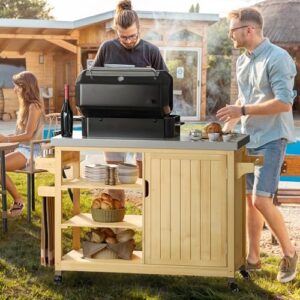 Here is the meta description:

"Perfect outdoor kitchen cart for your patio bar with stainless steel table top and spice rack. Store BBQ essentials in the lockable cabinet and enjoy cooking outdoors, 53.74'' long with wheels for easy mobility."