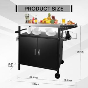 Here is the optimized SEO meta description:

"Elevate your outdoor cooking experience with this 35" H stainless steel grill cart featuring storage and wheels for easy mobility. Perfect for patios, backyards, and BBQ enthusiasts."