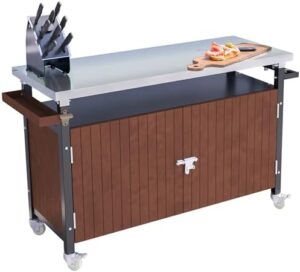 Here is the optimized meta description:

"Upgrade your outdoor entertaining space with this stainless steel grill cart featuring storage, wheels, and a spice rack. Perfect for patio kitchens and BBQ serving needs."