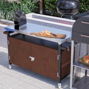 Here is the optimized meta description:

"Upgrade your outdoor entertaining space with this stainless steel grill cart featuring storage, wheels, and a spice rack. Perfect for patio kitchens and BBQ serving needs."