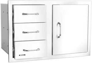 Enhance your outdoor kitchen with our Premium Components BBQ island featuring a 30" combo drawer and reveal design, perfect for storage and organization. Save big on this versatile and durable cooking solution!