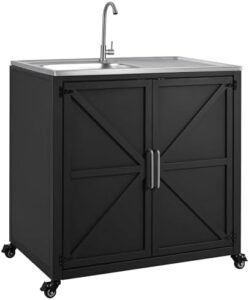 Elevate your outdoor cooking experience with the Outdoor Grill Cart featuring a sink and cabinet, perfect for patios and BBQs, complete with 304 stainless steel sink and L35" x W23.6" dimensions.
