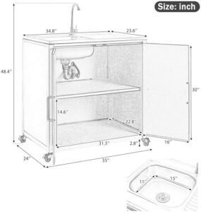 Elevate your outdoor cooking experience with the Outdoor Grill Cart featuring a sink and cabinet, perfect for patios and BBQs, complete with 304 stainless steel sink and L35" x W23.6" dimensions.