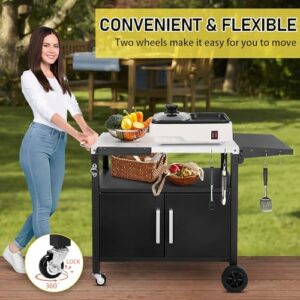 Here is the meta description:

"Maximize outdoor entertaining space with this grill cart featuring storage and wheels. Stainless steel top, foldable design & movable handle for easy use. Perfect BBQ setup for any patio kitchen."