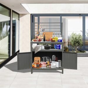 Here is the output:

"Transform your outdoor space with Domi's modular kitchen island counter featuring a whole aluminum finish and ample storage. Perfect for BBQ grill tables on decks and patios, dark gray."