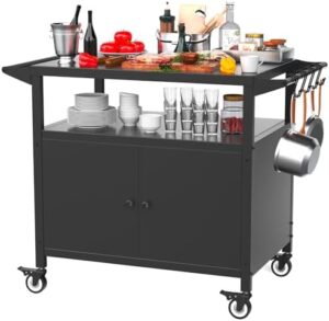 Boost your outdoor cooking experience with the Grill Cart with Storage Cabinet, featuring a movable island with brake wheels and ample storage space for utensils and accessories. Perfect for BBQ enthusiasts!