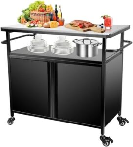 Here is the output:

"Upgrade your outdoor cooking with this stainless steel grill cart featuring storage and lockable wheels. Perfect for patio, backyard, or tailgating events."