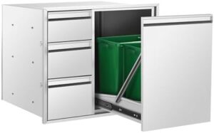 Here is the output:

"Upgrade your outdoor kitchen with this triple drawer combo featuring 2 trash cans and spacious storage. Perfect for BBQ islands and grilling stations, dimensions 28x22x19 inches."