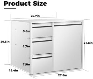 Here is the output:

"Upgrade your outdoor kitchen with this triple drawer combo featuring 2 trash cans and spacious storage. Perfect for BBQ islands and grilling stations, dimensions 28x22x19 inches."