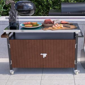 Discover a versatile outdoor grill cart with storage and stainless steel top. Store utensils in the wooden cabinet and prep your BBQ feast on this movable food serving cart with wheels, perfect for backyard gatherings.