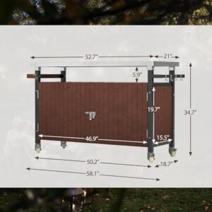 Discover a versatile outdoor grill cart with storage and stainless steel top. Store utensils in the wooden cabinet and prep your BBQ feast on this movable food serving cart with wheels, perfect for backyard gatherings.