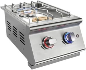 "Upgrade your outdoor kitchen with these double grilling side burners featuring 2 x 17,000BTU liquid propane burners and heavy-duty 304 stainless steel construction. Perfect for BBQ island grills!"