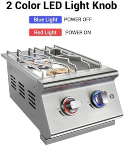 "Upgrade your outdoor kitchen with these double grilling side burners featuring 2 x 17,000BTU liquid propane burners and heavy-duty 304 stainless steel construction. Perfect for BBQ island grills!"
