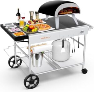 Elevate your outdoor grilling experience with the Pizza Oven Table Grill Cart, featuring a pizza topping station and movable food prep workcart. Perfect for Ninja, Woodfire, Blackstone, and Cuisinart grills.
