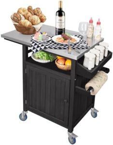 Elevate your outdoor cooking experience with this portable grill cart featuring a stainless steel top and side handle for easy transport. Perfect for kitchen prep, BBQs, or as an outdoor kitchen island table.