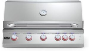 "Upgrade your outdoor kitchen with the Hygrill Premium XTR 40-Inch Built In Grill featuring a stainless steel 5-burner head, rear infrared burner, and LED lights. Perfect for natural gas installations."