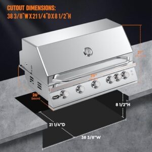 "Upgrade your outdoor kitchen with the Hygrill Premium XTR 40-Inch Built In Grill featuring a stainless steel 5-burner head, rear infrared burner, and LED lights. Perfect for natural gas installations."