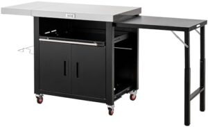 Elevate your outdoor cooking experience with the Grill Table, featuring 2 foldable side tables, stainless steel top, and pull-out plate for convenient grilling. Perfect for outdoor kitchens, bar carts, and movable grill stations.