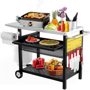 Perfect outdoor grilling experience with this cart featuring pegboard, 3-shelf pizza oven table and drawer. Stainless steel construction with wheels for easy mobility.