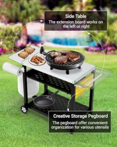 Perfect outdoor grilling experience with this cart featuring pegboard, 3-shelf pizza oven table and drawer. Stainless steel construction with wheels for easy mobility.