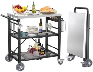 Here is the meta description:

"Upgrade your outdoor cooking experience with this stainless steel folding grill table featuring 3 shelves, storage rack and pizza oven space. Perfect for Blackstone griddles and BBQ enthusiasts. Get ready to grill in style!"