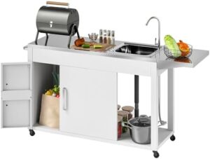 Discover the ultimate outdoor grill experience with this stainless steel sink-equipped table featuring a foldable side table and cabinet. Perfect for outdoor kitchen island needs, perfect for 10-12 people gatherings.