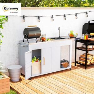 Discover the ultimate outdoor grill experience with this stainless steel sink-equipped table featuring a foldable side table and cabinet. Perfect for outdoor kitchen island needs, perfect for 10-12 people gatherings.