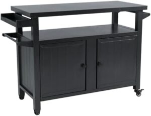 Here is the generated SEO meta description:

"Elevate your outdoor cooking with this heavy-duty grill cart featuring metal construction, wheels for easy mobility and ample storage space for BBQ essentials. Perfect for patio parties!"