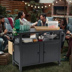 Here is the generated SEO meta description:

"Elevate your outdoor cooking with this heavy-duty grill cart featuring metal construction, wheels for easy mobility and ample storage space for BBQ essentials. Perfect for patio parties!"