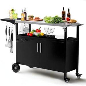 Here is the optimized SEO meta description:

"Elevate your outdoor gatherings with this grill cart featuring storage, movable wheels, and hooks. Perfect for patio kitchens or BBQs, it's a must-have for any outdoor enthusiast."