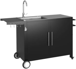 Elevate your outdoor cooking experience with the Grill Table with Sink, featuring a stainless steel sink station, hose hook-up, and lockable casters. Perfect for backyard BBQs, this rolling kitchen island measures 48x24x38 inches.