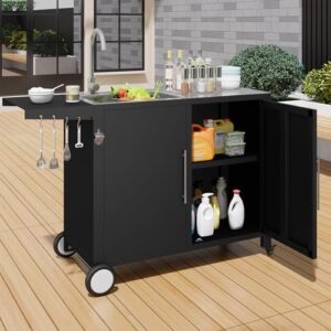 Elevate your outdoor cooking experience with the Grill Table with Sink, featuring a stainless steel sink station, hose hook-up, and lockable casters. Perfect for backyard BBQs, this rolling kitchen island measures 48x24x38 inches.